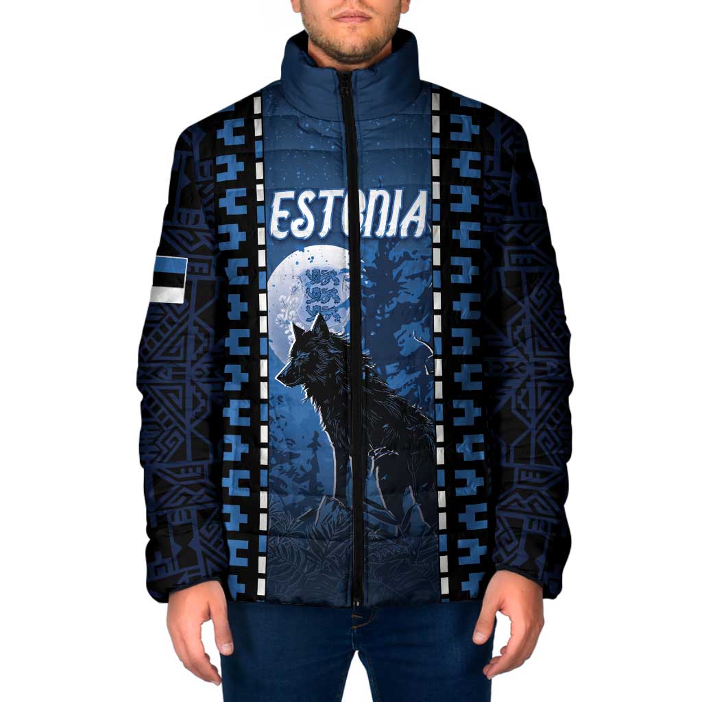 Personalized Estonia Padded Jacket Night Wolf With Pattern - Wonder Print Shop