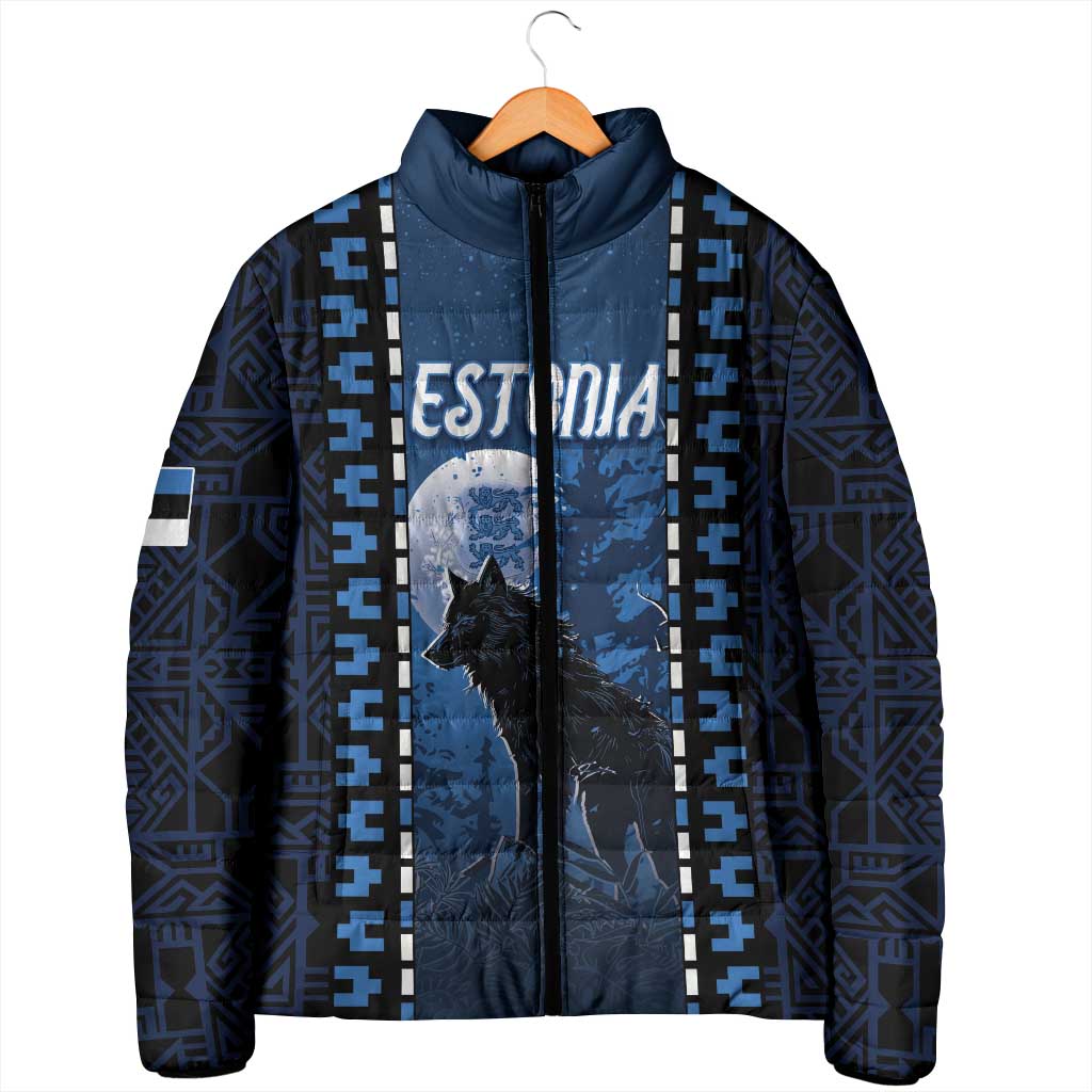 Personalized Estonia Padded Jacket Night Wolf With Pattern - Wonder Print Shop
