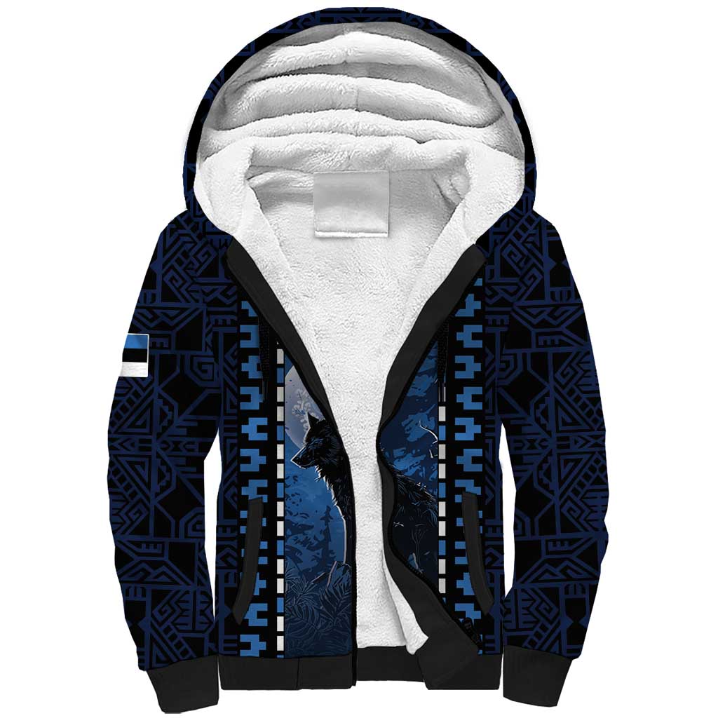 Personalized Estonia Sherpa Hoodie Night Wolf With Pattern - Wonder Print Shop