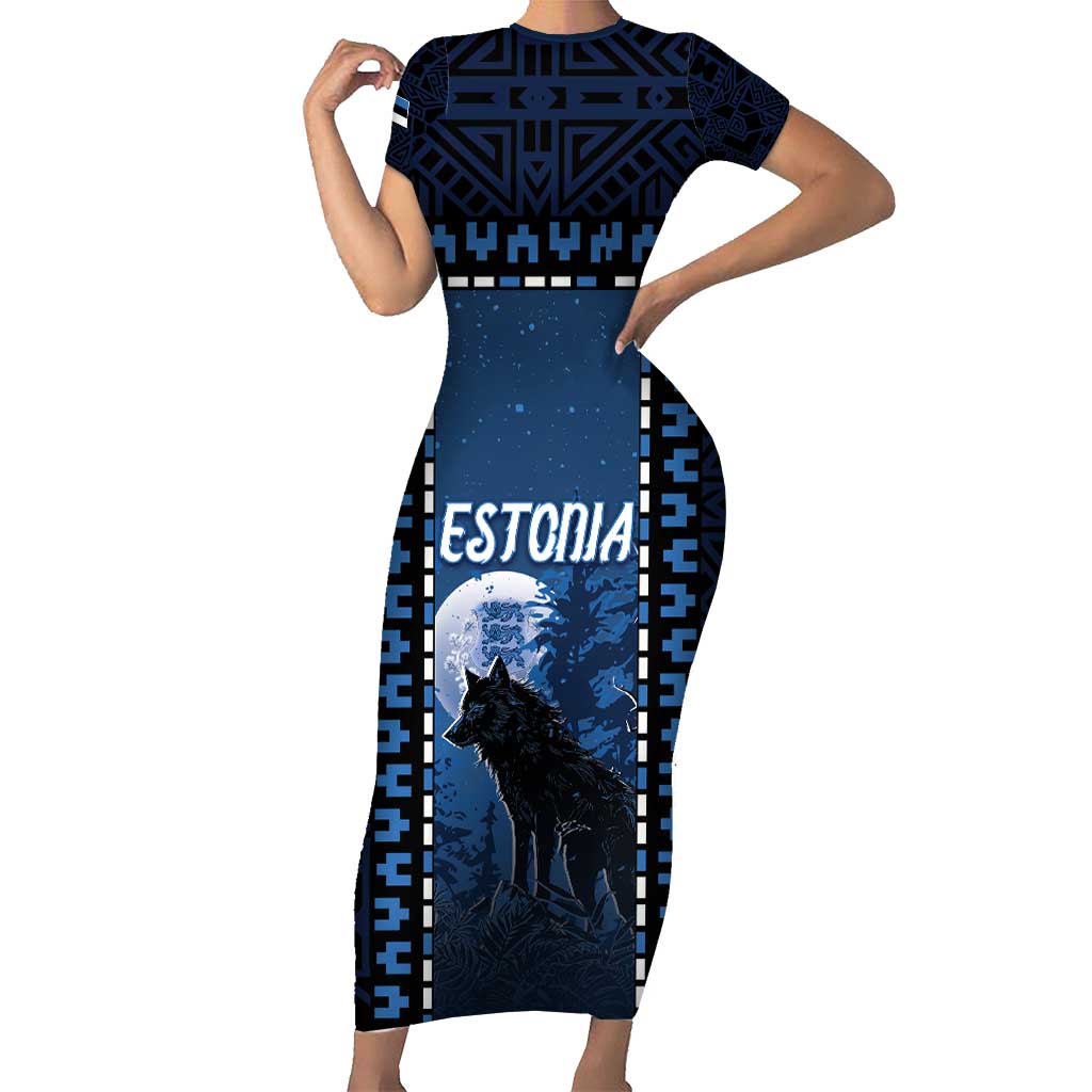 Personalized Estonia Short Sleeve Bodycon Dress Night Wolf With Pattern - Wonder Print Shop