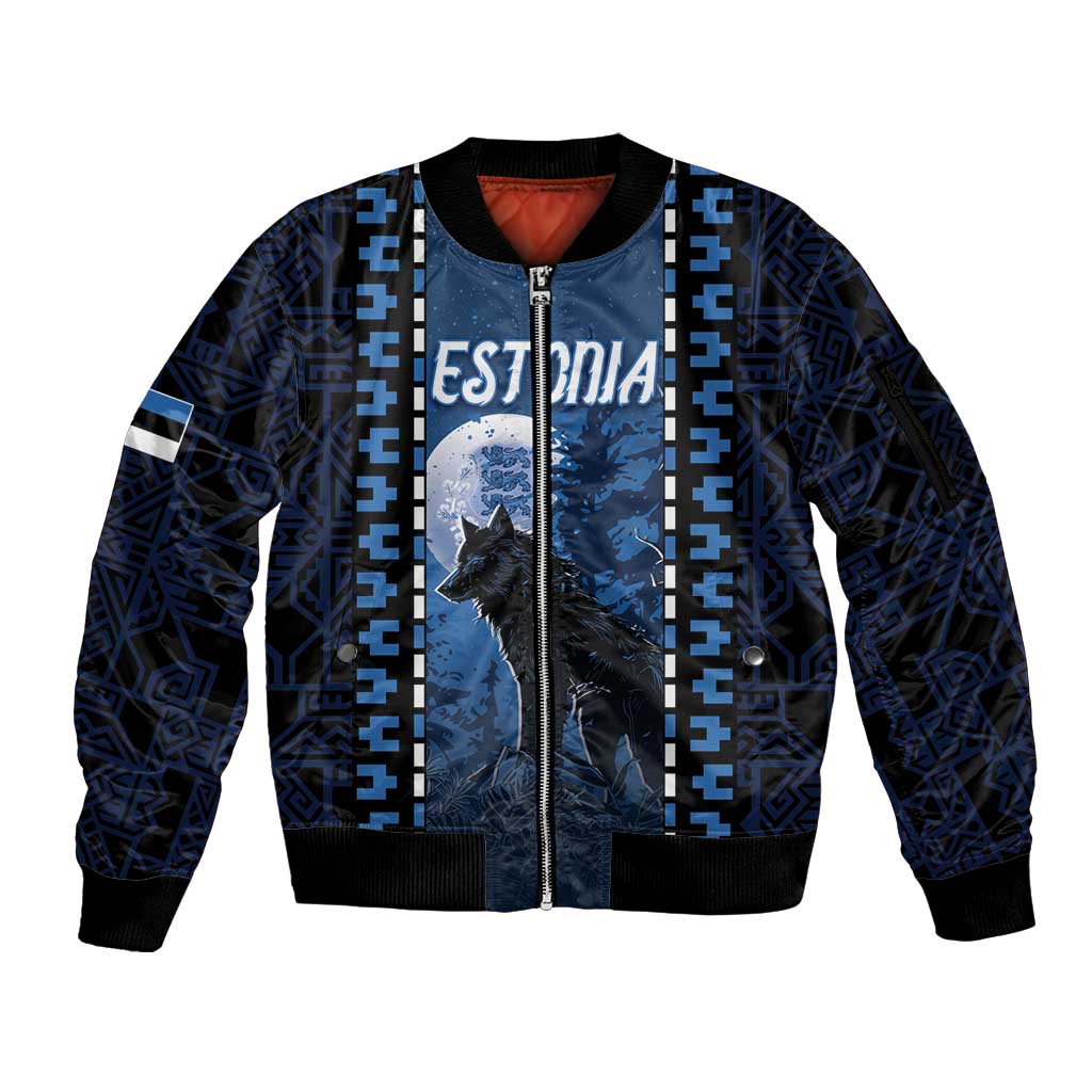 Personalized Estonia Sleeve Zip Bomber Jacket Night Wolf With Pattern - Wonder Print Shop