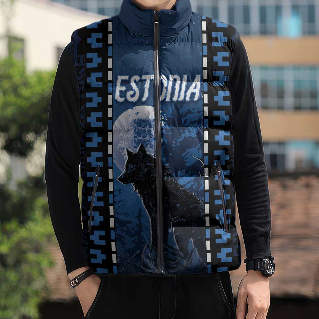 Personalized Estonia Sleeveless Puffer Jacket Night Wolf With Pattern - Wonder Print Shop