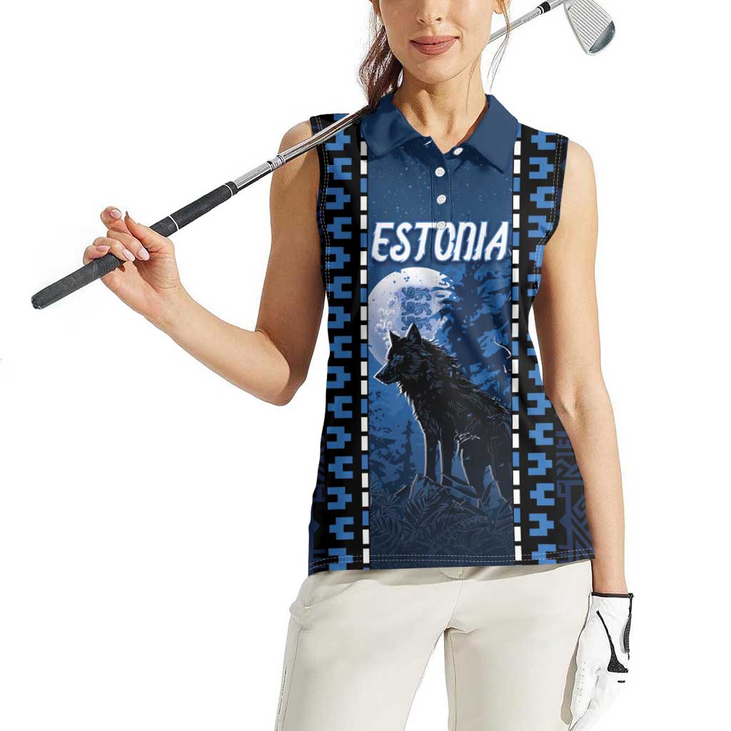 Personalized Estonia Women Sleeveless Polo Shirt Night Wolf With Pattern - Wonder Print Shop