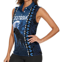 Personalized Estonia Women Sleeveless Polo Shirt Night Wolf With Pattern - Wonder Print Shop