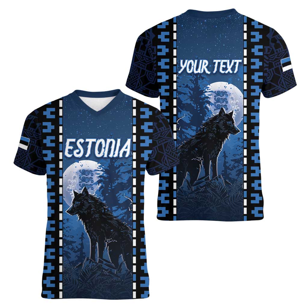 Personalized Estonia Women V-Neck T-Shirt Night Wolf With Pattern - Wonder Print Shop