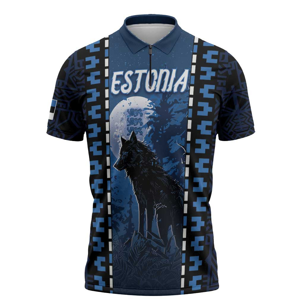 Personalized Estonia Zipper Polo Shirt Night Wolf With Pattern - Wonder Print Shop