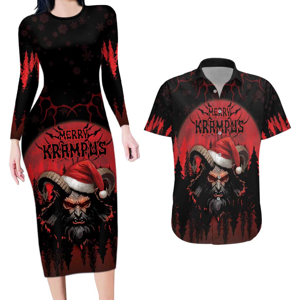 Merry Krampus Couples Matching Long Sleeve Bodycon Dress and Hawaiian Shirt Dark Grunge Christmas - Wonder Print Shop