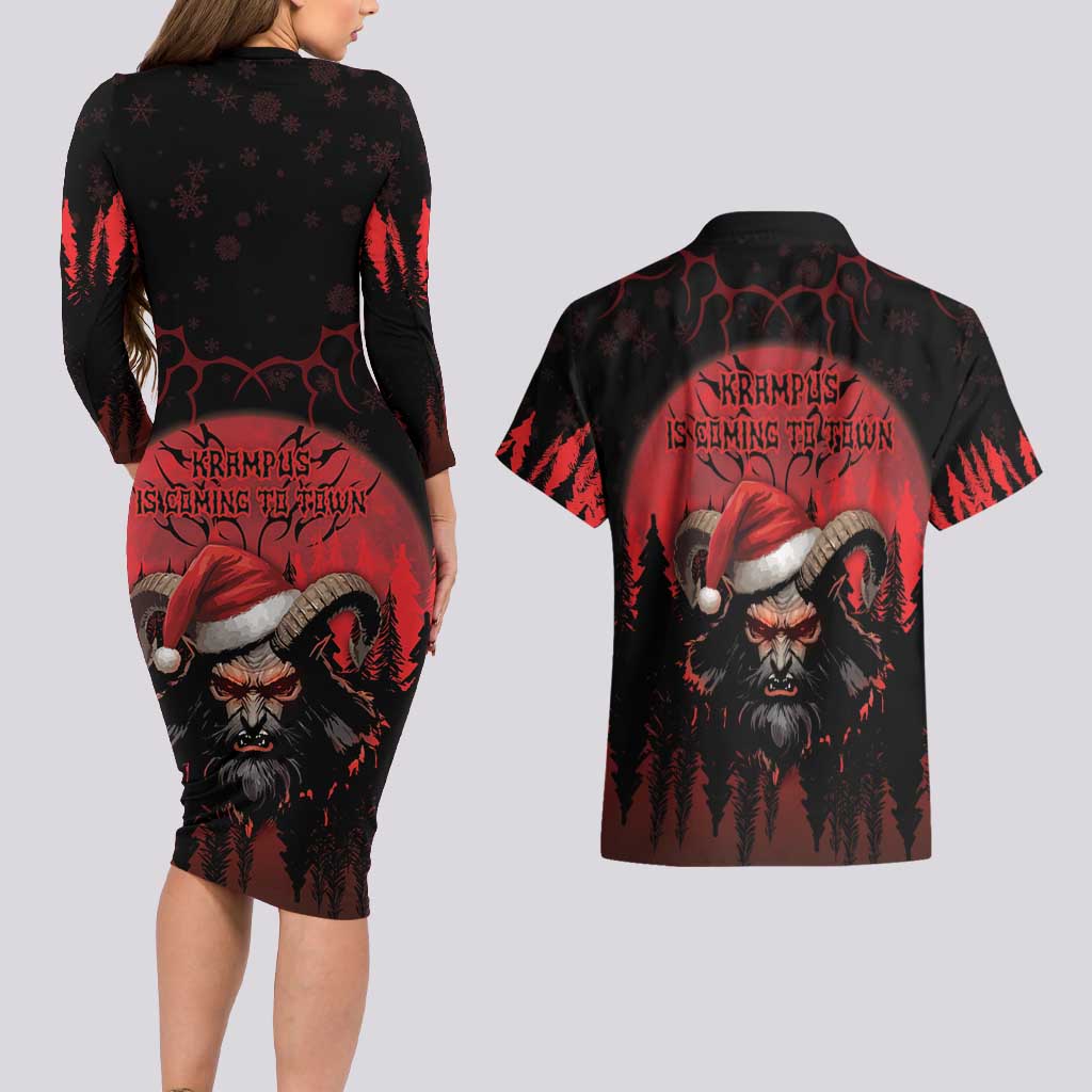 Merry Krampus Couples Matching Long Sleeve Bodycon Dress and Hawaiian Shirt Dark Grunge Christmas - Wonder Print Shop