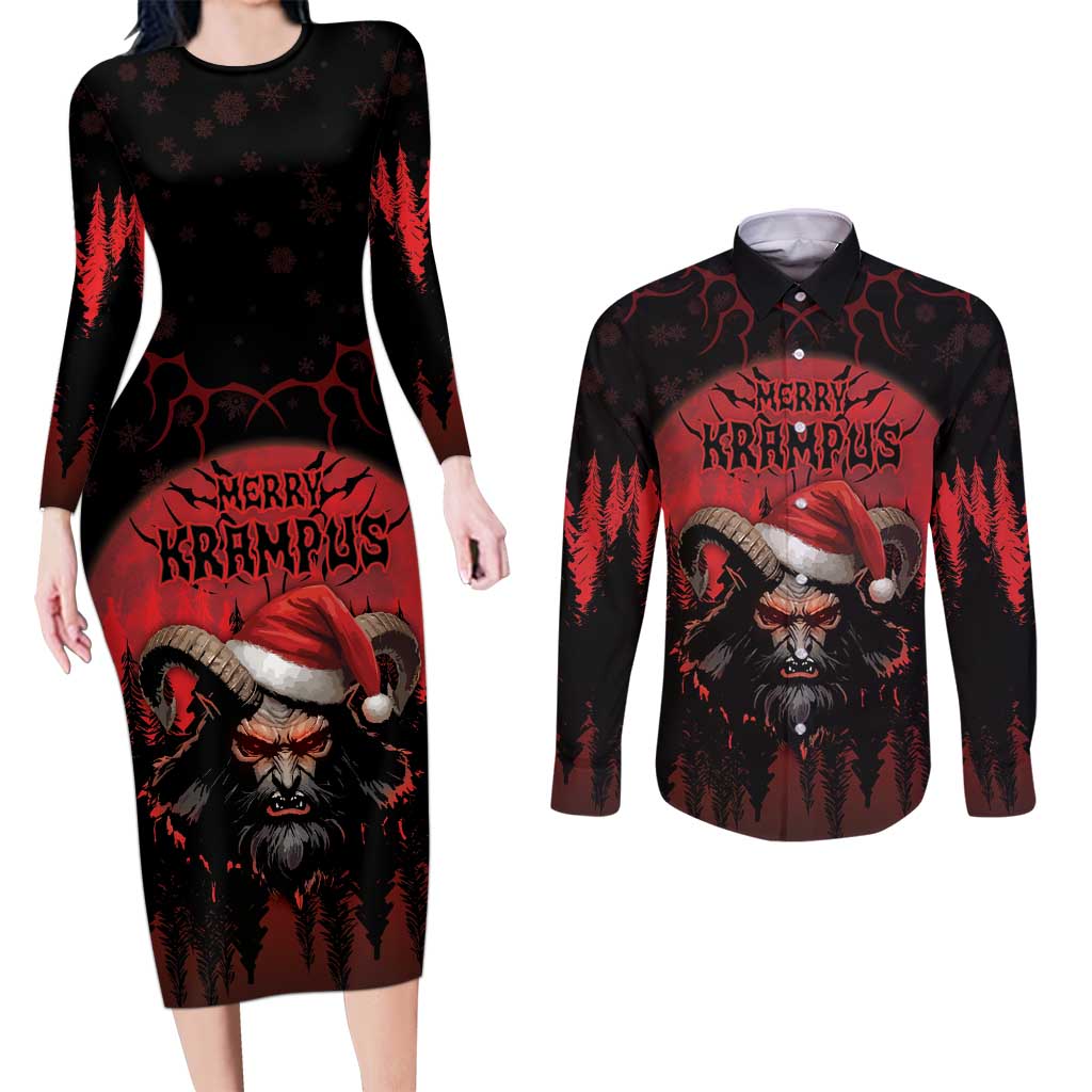 Merry Krampus Couples Matching Long Sleeve Bodycon Dress and Long Sleeve Button Shirt Dark Grunge Christmas - Wonder Print Shop