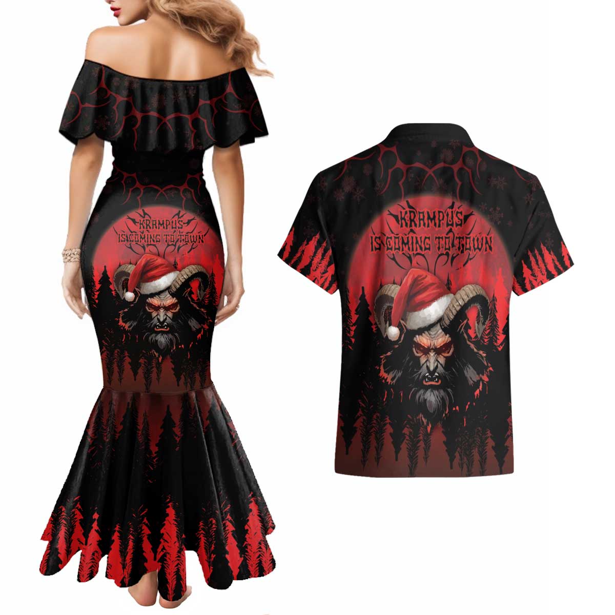 Merry Krampus Couples Matching Mermaid Dress and Hawaiian Shirt Dark Grunge Christmas - Wonder Print Shop