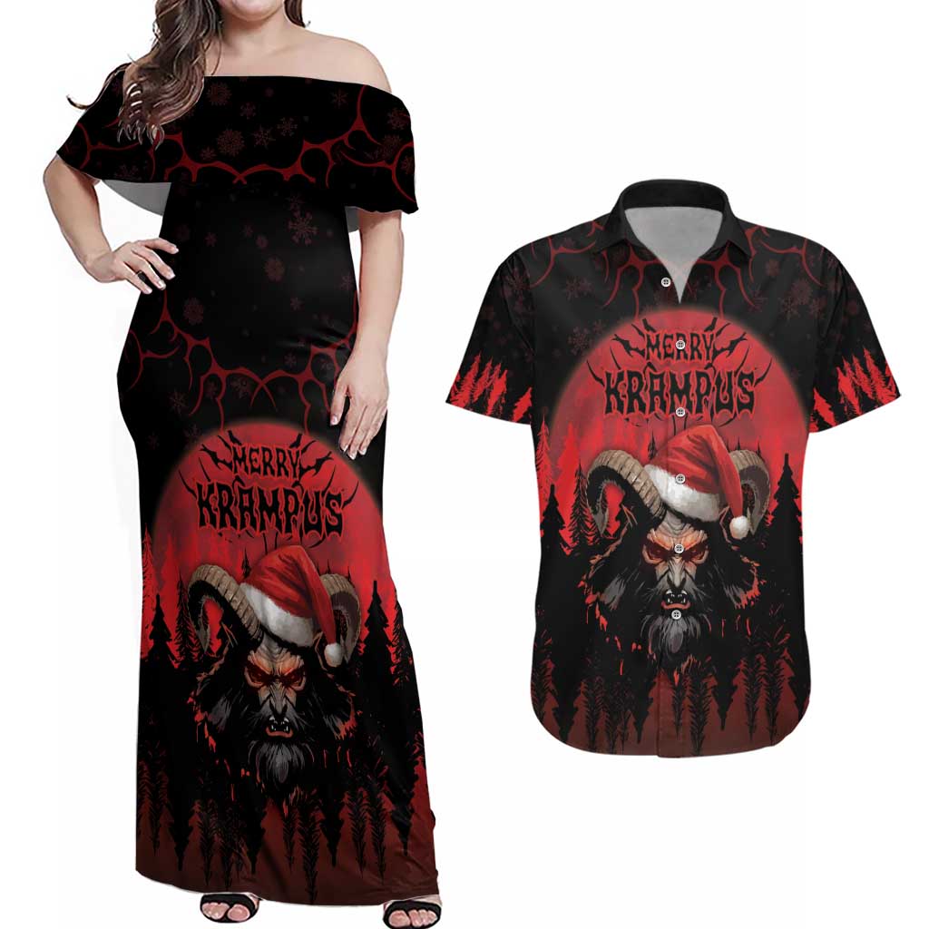 Merry Krampus Couples Matching Off Shoulder Maxi Dress and Hawaiian Shirt Dark Grunge Christmas - Wonder Print Shop