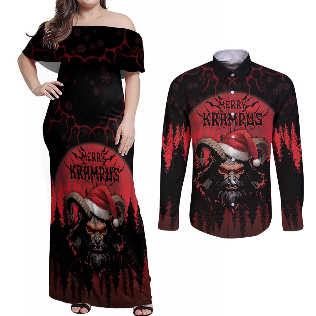 Merry Krampus Couples Matching Off Shoulder Maxi Dress and Long Sleeve Button Shirt Dark Grunge Christmas - Wonder Print Shop