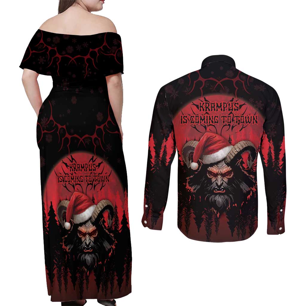 Merry Krampus Couples Matching Off Shoulder Maxi Dress and Long Sleeve Button Shirt Dark Grunge Christmas - Wonder Print Shop