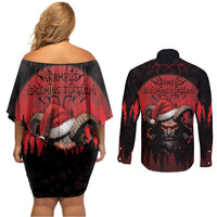 Merry Krampus Couples Matching Off Shoulder Short Dress and Long Sleeve Button Shirt Dark Grunge Christmas - Wonder Print Shop
