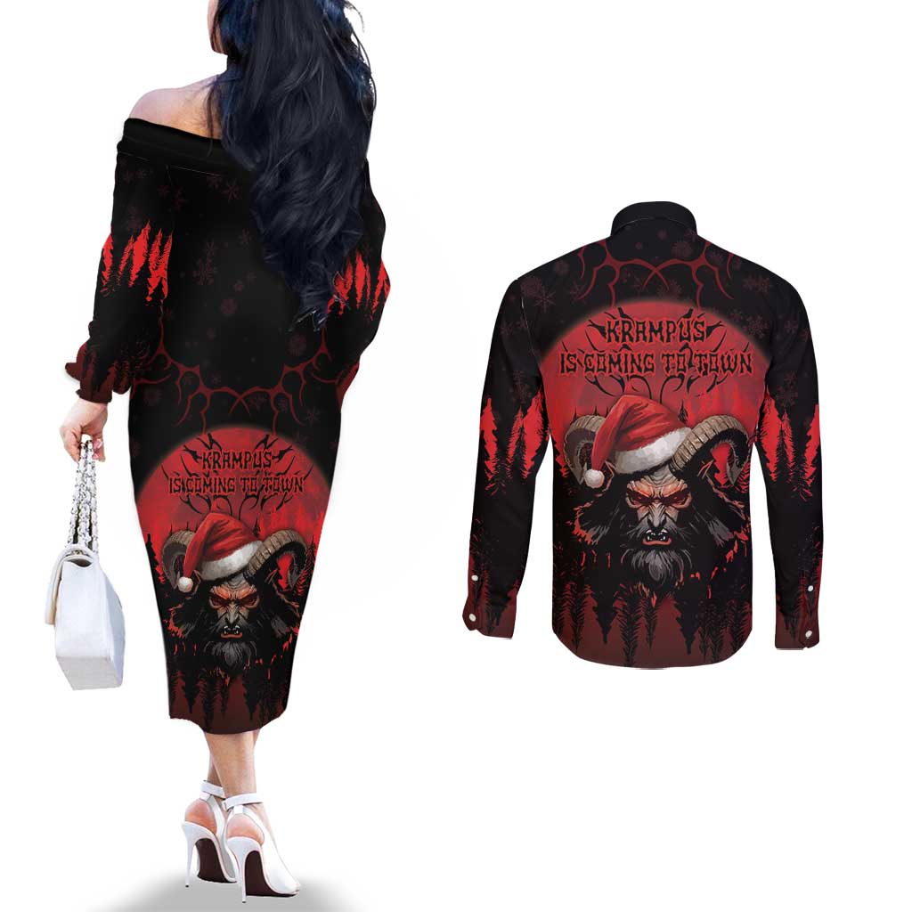 Merry Krampus Couples Matching Off The Shoulder Long Sleeve Dress and Long Sleeve Button Shirt Dark Grunge Christmas - Wonder Print Shop