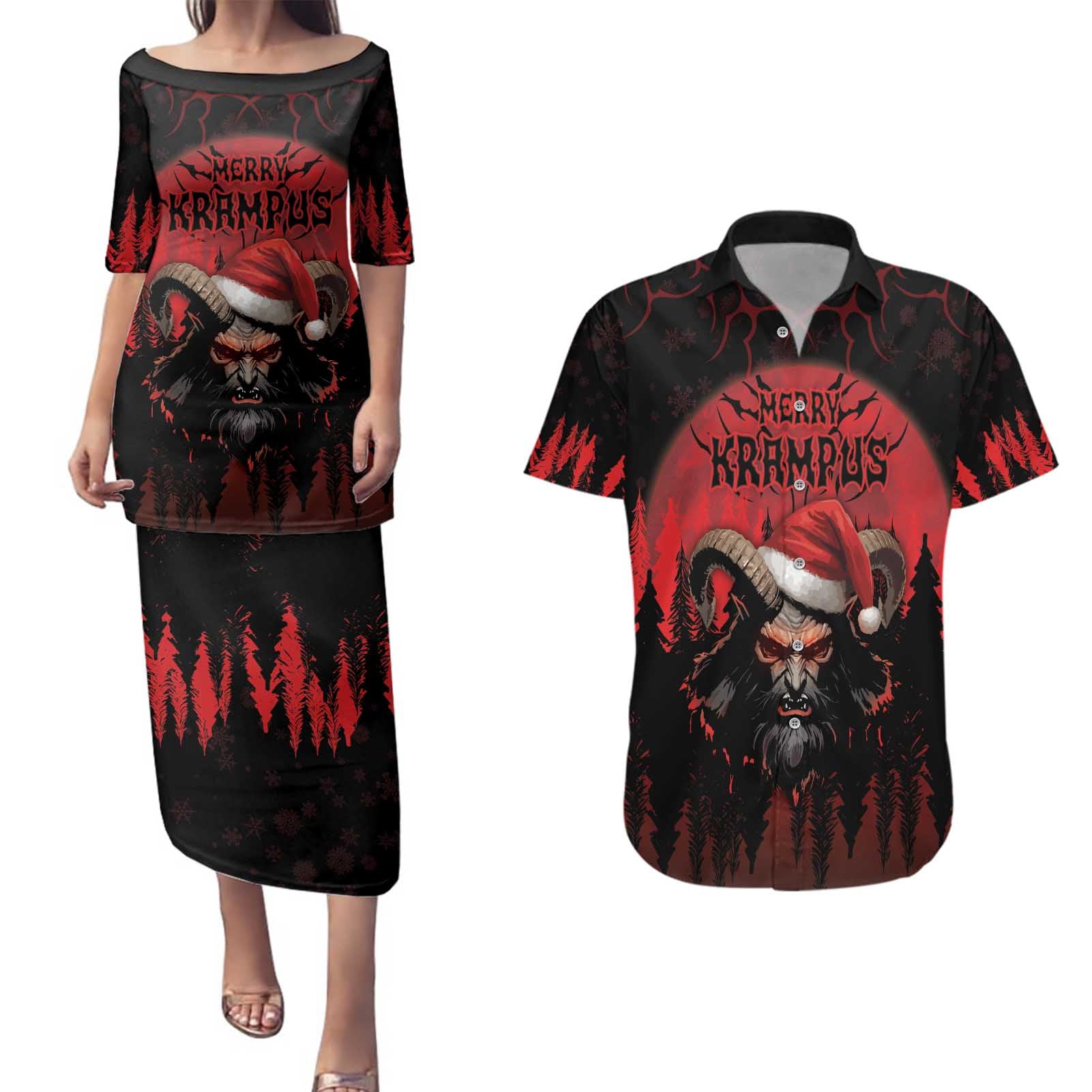 Merry Krampus Couples Matching Puletasi and Hawaiian Shirt Dark Grunge Christmas - Wonder Print Shop