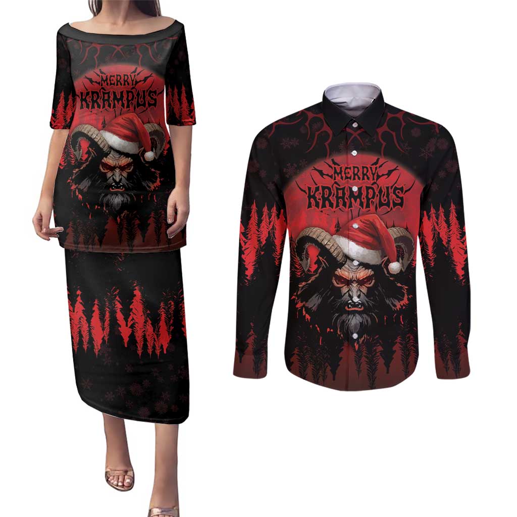 Merry Krampus Couples Matching Puletasi and Long Sleeve Button Shirt Dark Grunge Christmas - Wonder Print Shop