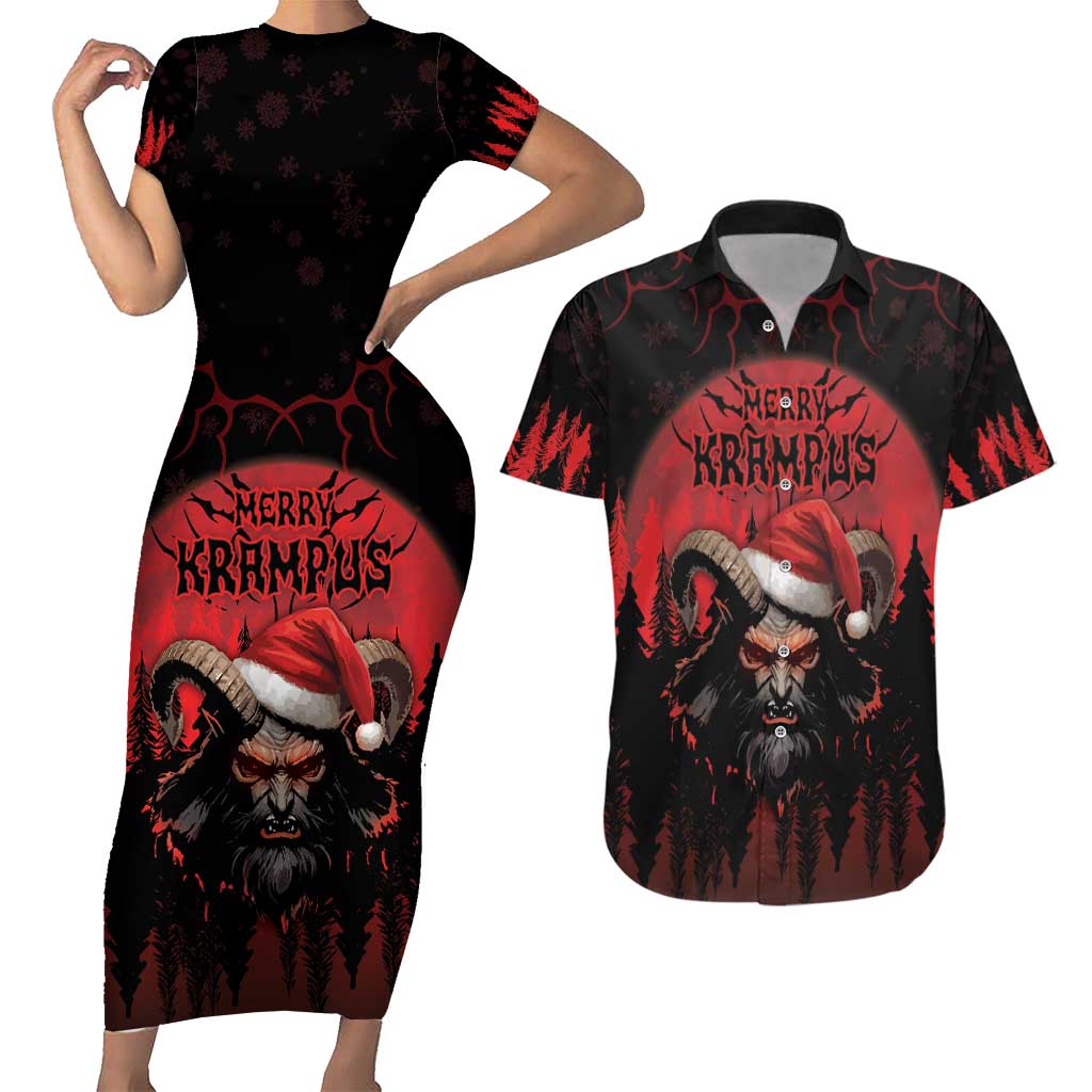 Merry Krampus Couples Matching Short Sleeve Bodycon Dress and Hawaiian Shirt Dark Grunge Christmas - Wonder Print Shop