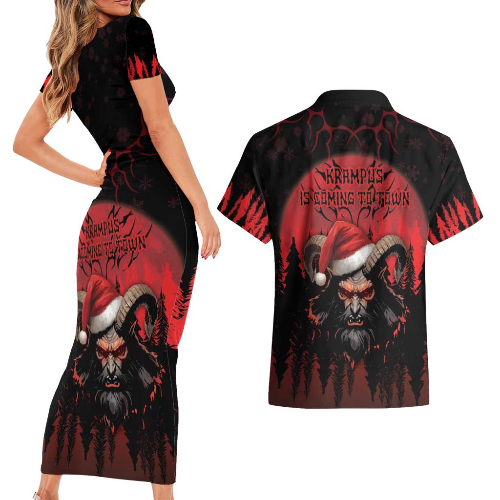Merry Krampus Couples Matching Short Sleeve Bodycon Dress and Hawaiian Shirt Dark Grunge Christmas - Wonder Print Shop