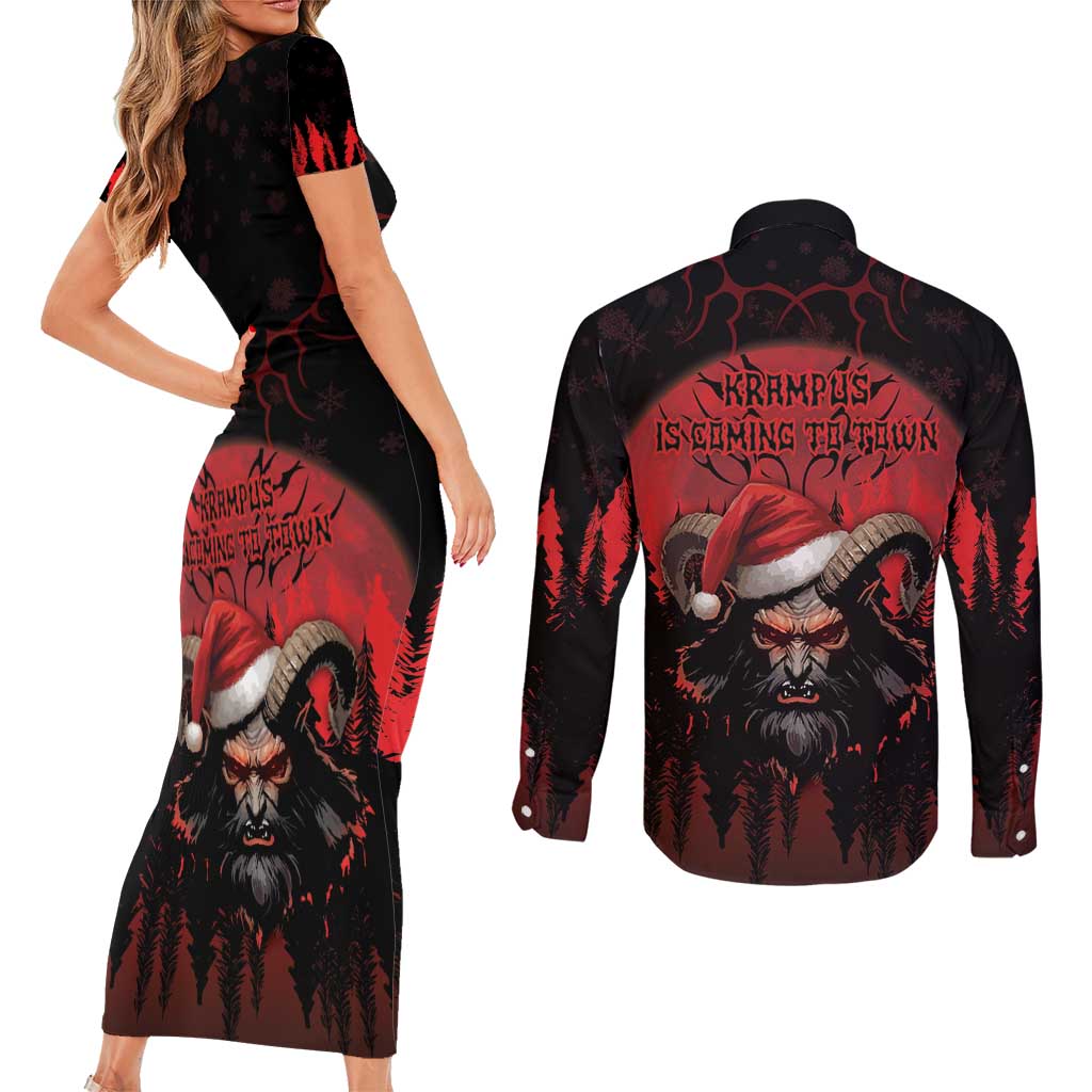 Merry Krampus Couples Matching Short Sleeve Bodycon Dress and Long Sleeve Button Shirt Dark Grunge Christmas - Wonder Print Shop