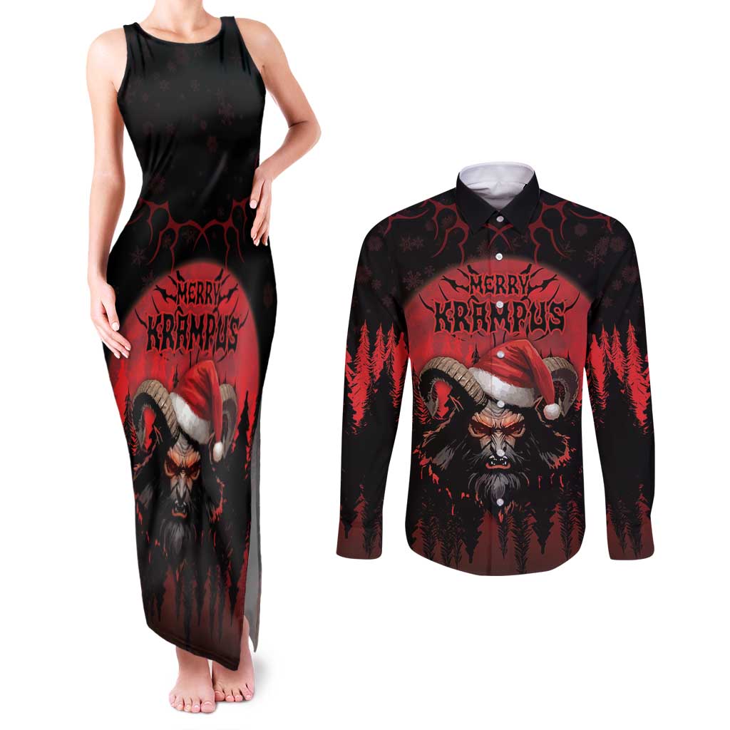 Merry Krampus Couples Matching Tank Maxi Dress and Long Sleeve Button Shirt Dark Grunge Christmas - Wonder Print Shop