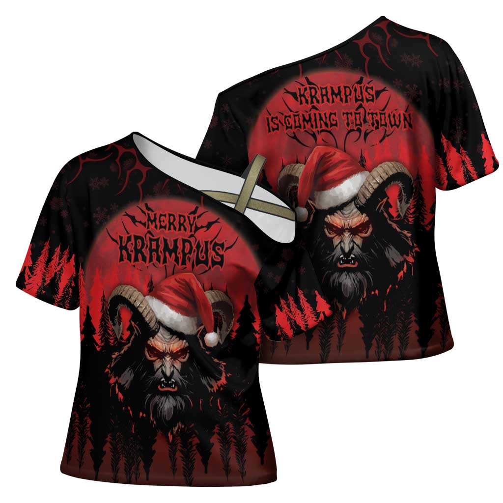 Merry Krampus Cross Shoulder Shirt Dark Grunge Christmas - Wonder Print Shop