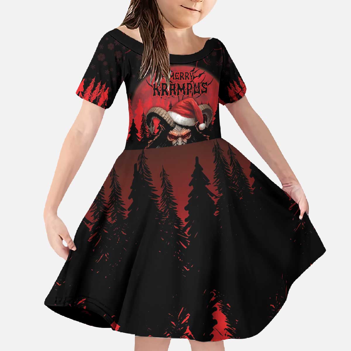 Merry Krampus Family Matching Off The Shoulder Long Sleeve Dress and Hawaiian Shirt Dark Grunge Christmas - Wonder Print Shop
