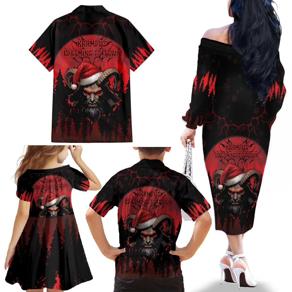 Merry Krampus Family Matching Off The Shoulder Long Sleeve Dress and Hawaiian Shirt Dark Grunge Christmas - Wonder Print Shop