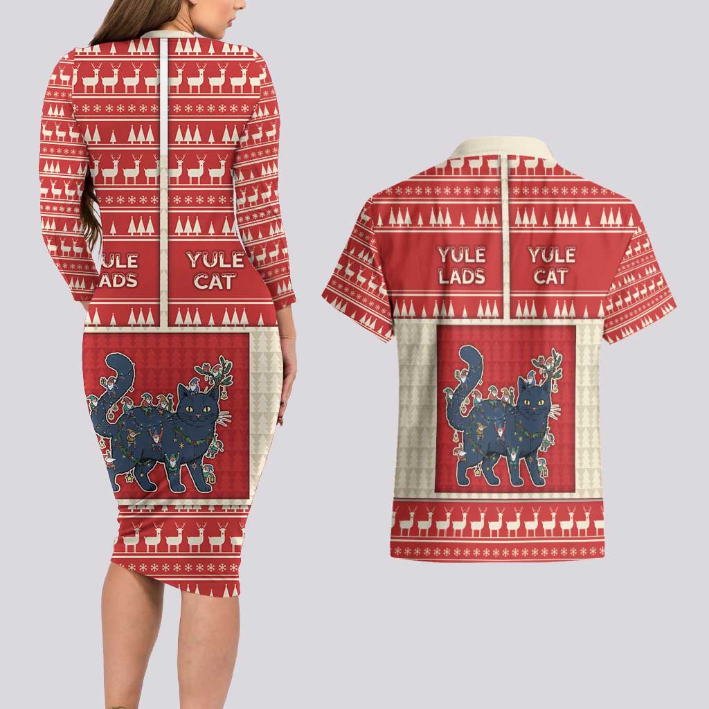 Yule Cat And Yule Lads Couples Matching Long Sleeve Bodycon Dress and Hawaiian Shirt Cute Retro Style - Wonder Print Shop