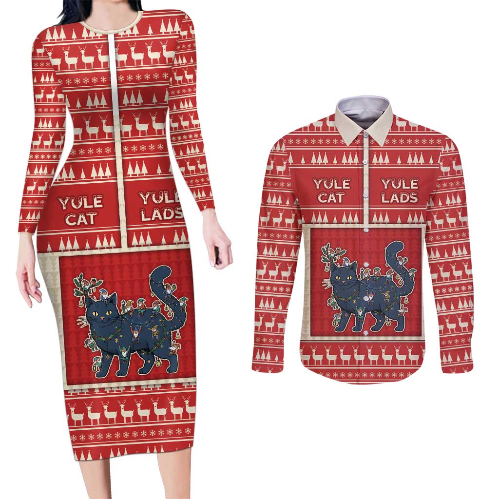 Yule Cat And Yule Lads Couples Matching Long Sleeve Bodycon Dress and Long Sleeve Button Shirt Cute Retro Style - Wonder Print Shop