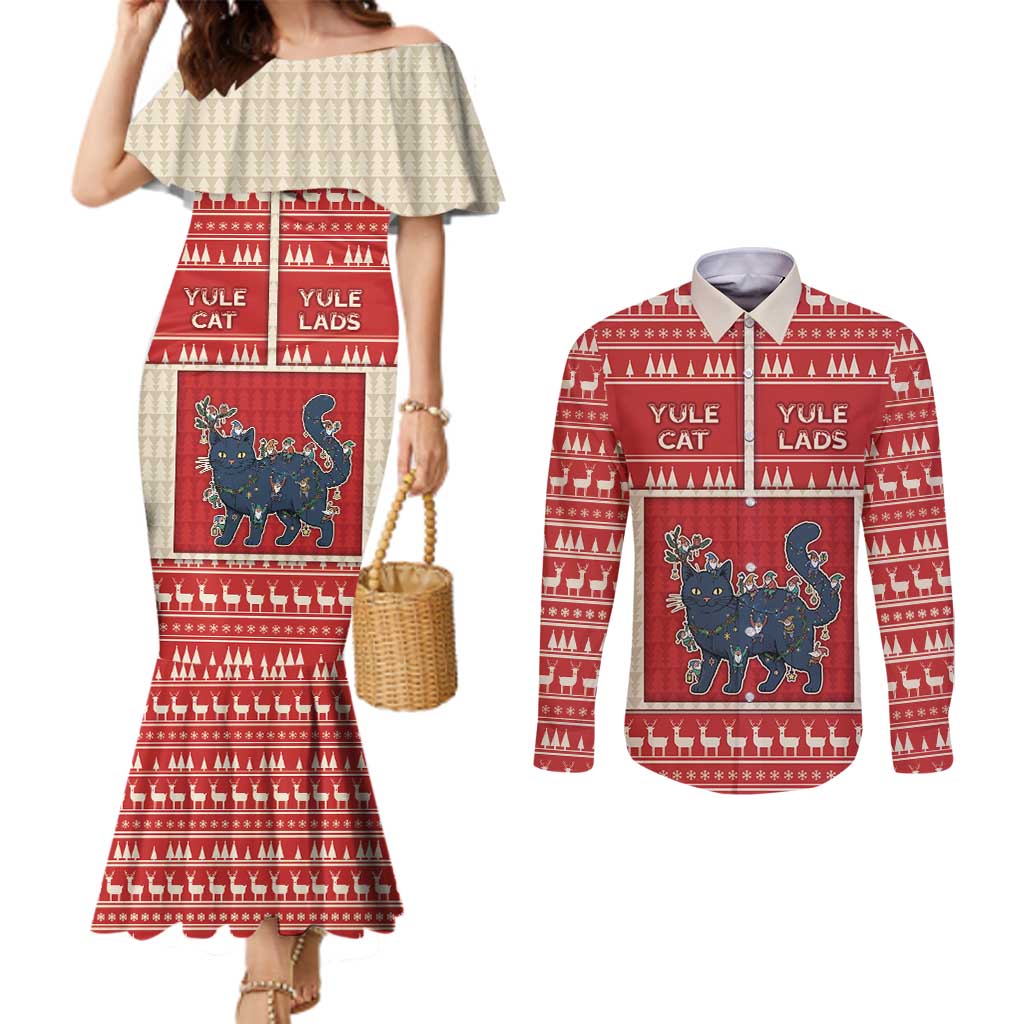 Yule Cat And Yule Lads Couples Matching Mermaid Dress and Long Sleeve Button Shirt Cute Retro Style - Wonder Print Shop