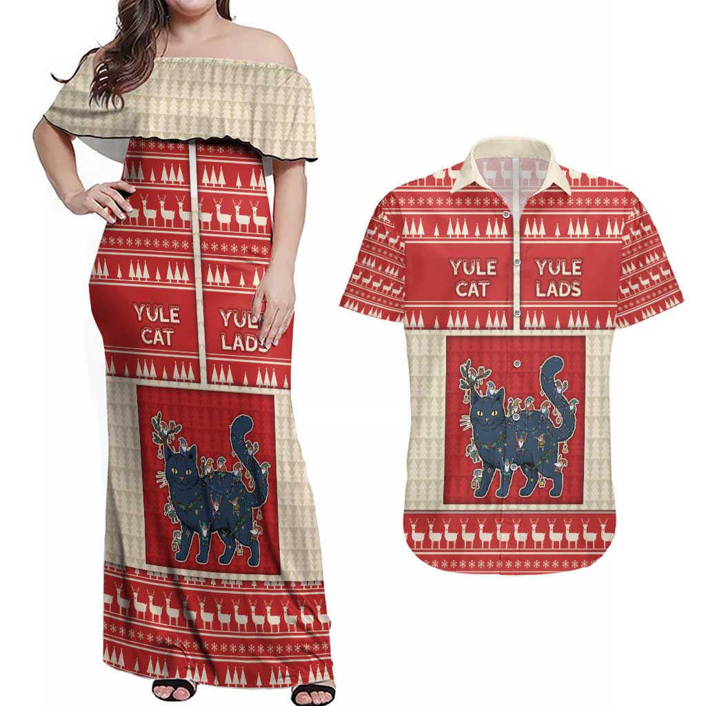 Yule Cat And Yule Lads Couples Matching Off Shoulder Maxi Dress and Hawaiian Shirt Cute Retro Style - Wonder Print Shop