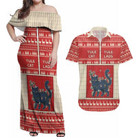 Yule Cat And Yule Lads Couples Matching Off Shoulder Maxi Dress and Hawaiian Shirt Cute Retro Style - Wonder Print Shop