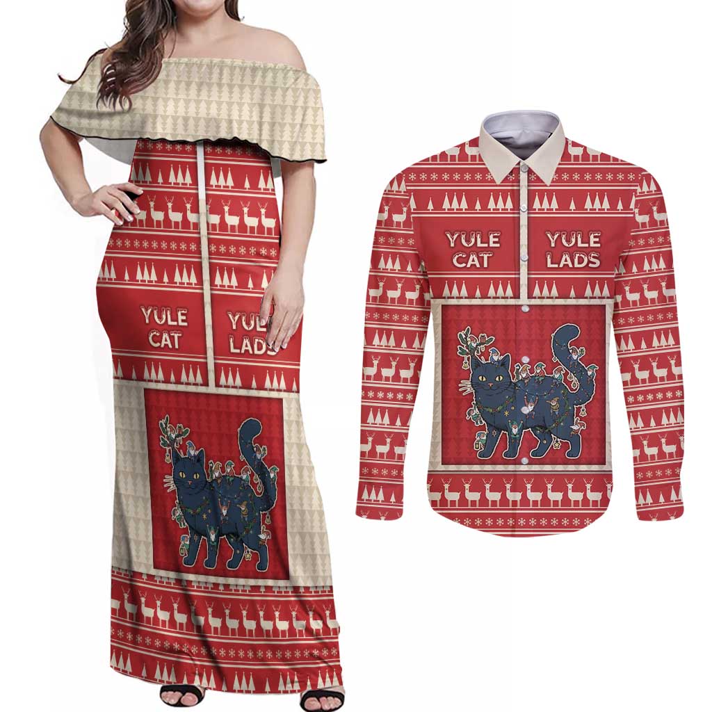Yule Cat And Yule Lads Couples Matching Off Shoulder Maxi Dress and Long Sleeve Button Shirt Cute Retro Style - Wonder Print Shop