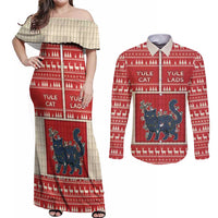 Yule Cat And Yule Lads Couples Matching Off Shoulder Maxi Dress and Long Sleeve Button Shirt Cute Retro Style - Wonder Print Shop