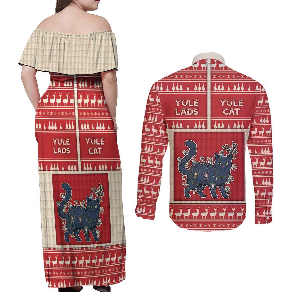 Yule Cat And Yule Lads Couples Matching Off Shoulder Maxi Dress and Long Sleeve Button Shirt Cute Retro Style - Wonder Print Shop