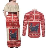Yule Cat And Yule Lads Couples Matching Off Shoulder Maxi Dress and Long Sleeve Button Shirt Cute Retro Style - Wonder Print Shop