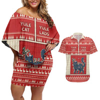 Yule Cat And Yule Lads Couples Matching Off Shoulder Short Dress and Hawaiian Shirt Cute Retro Style - Wonder Print Shop