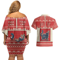Yule Cat And Yule Lads Couples Matching Off Shoulder Short Dress and Hawaiian Shirt Cute Retro Style - Wonder Print Shop