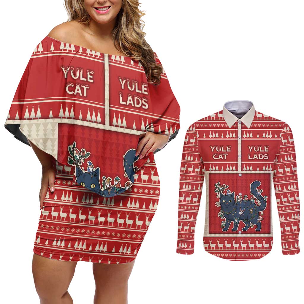 Yule Cat And Yule Lads Couples Matching Off Shoulder Short Dress and Long Sleeve Button Shirt Cute Retro Style - Wonder Print Shop