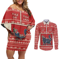 Yule Cat And Yule Lads Couples Matching Off Shoulder Short Dress and Long Sleeve Button Shirt Cute Retro Style - Wonder Print Shop
