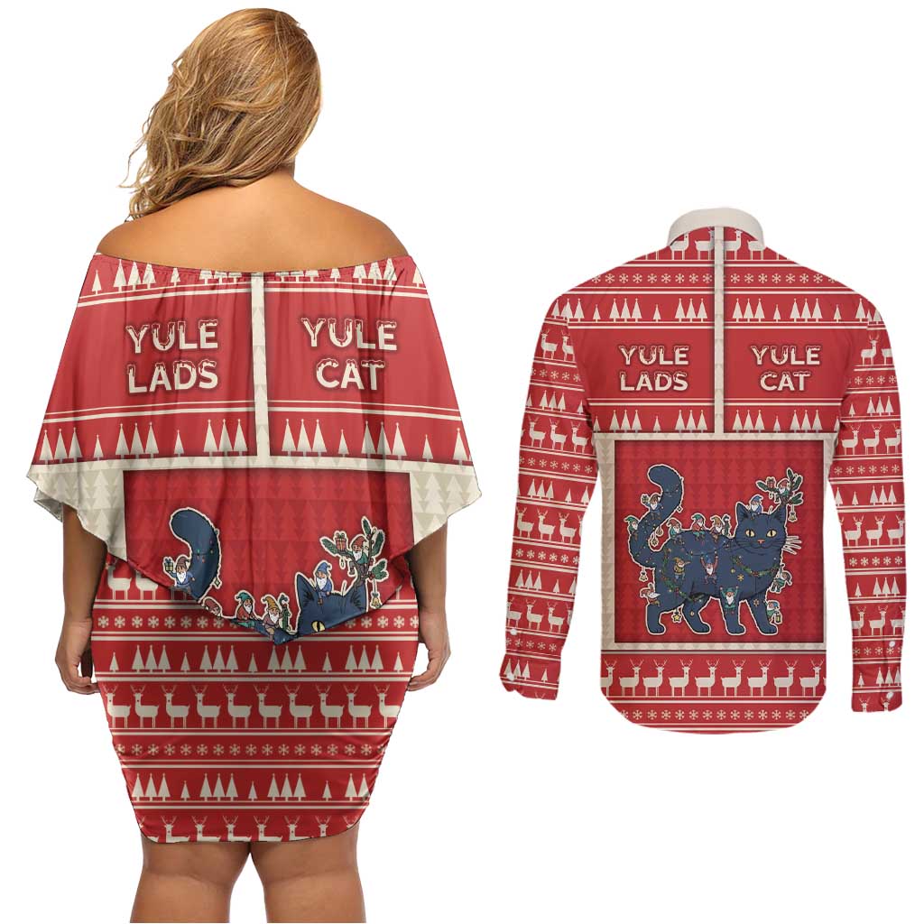 Yule Cat And Yule Lads Couples Matching Off Shoulder Short Dress and Long Sleeve Button Shirt Cute Retro Style - Wonder Print Shop