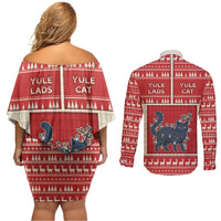 Yule Cat And Yule Lads Couples Matching Off Shoulder Short Dress and Long Sleeve Button Shirt Cute Retro Style - Wonder Print Shop