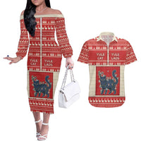Yule Cat And Yule Lads Couples Matching Off The Shoulder Long Sleeve Dress and Hawaiian Shirt Cute Retro Style - Wonder Print Shop