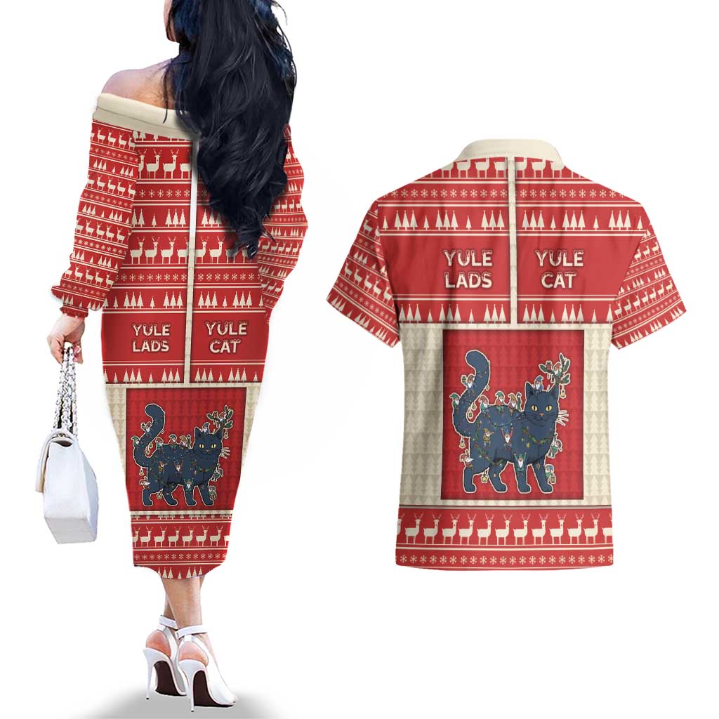 Yule Cat And Yule Lads Couples Matching Off The Shoulder Long Sleeve Dress and Hawaiian Shirt Cute Retro Style - Wonder Print Shop