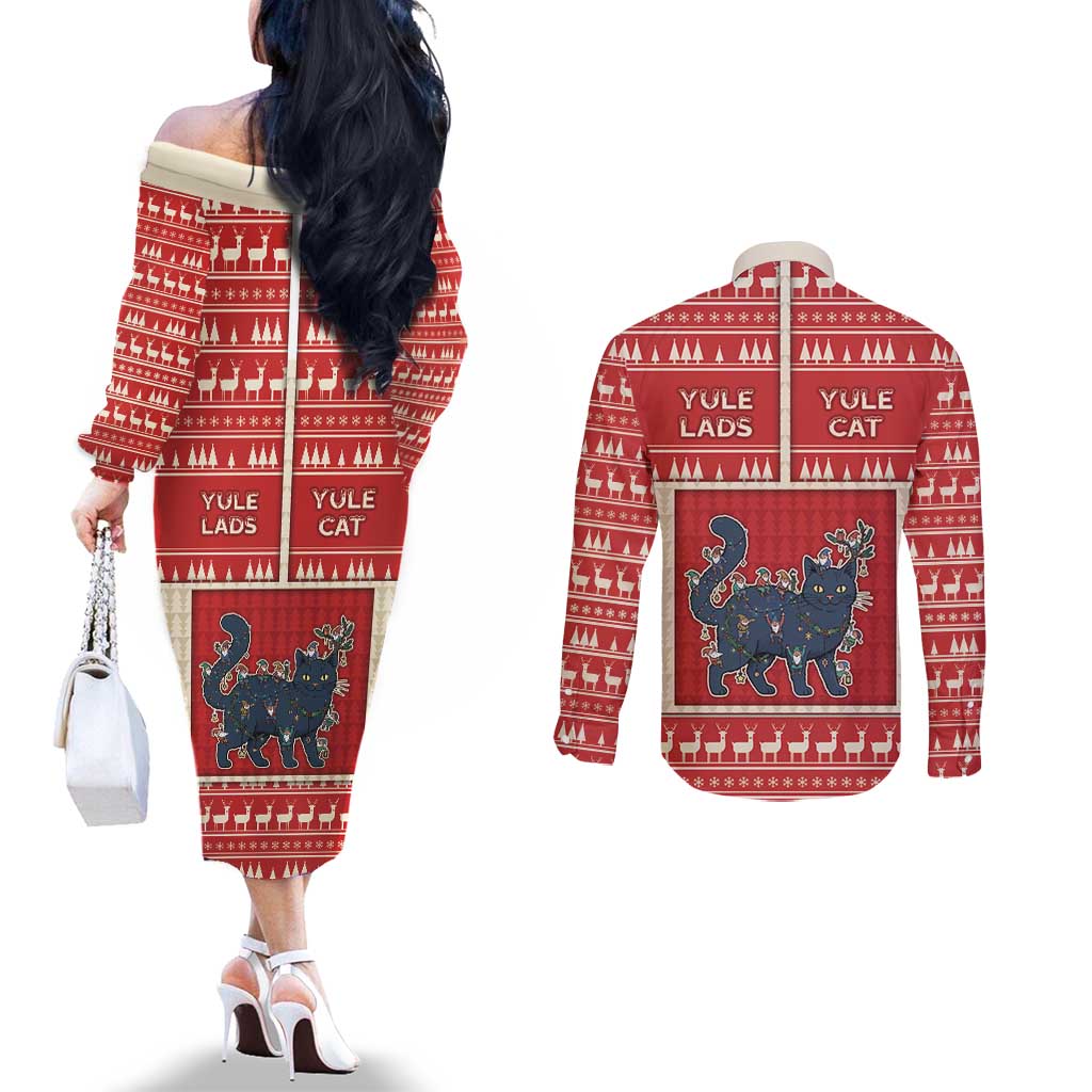 Yule Cat And Yule Lads Couples Matching Off The Shoulder Long Sleeve Dress and Long Sleeve Button Shirt Cute Retro Style - Wonder Print Shop