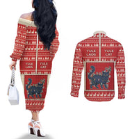 Yule Cat And Yule Lads Couples Matching Off The Shoulder Long Sleeve Dress and Long Sleeve Button Shirt Cute Retro Style - Wonder Print Shop