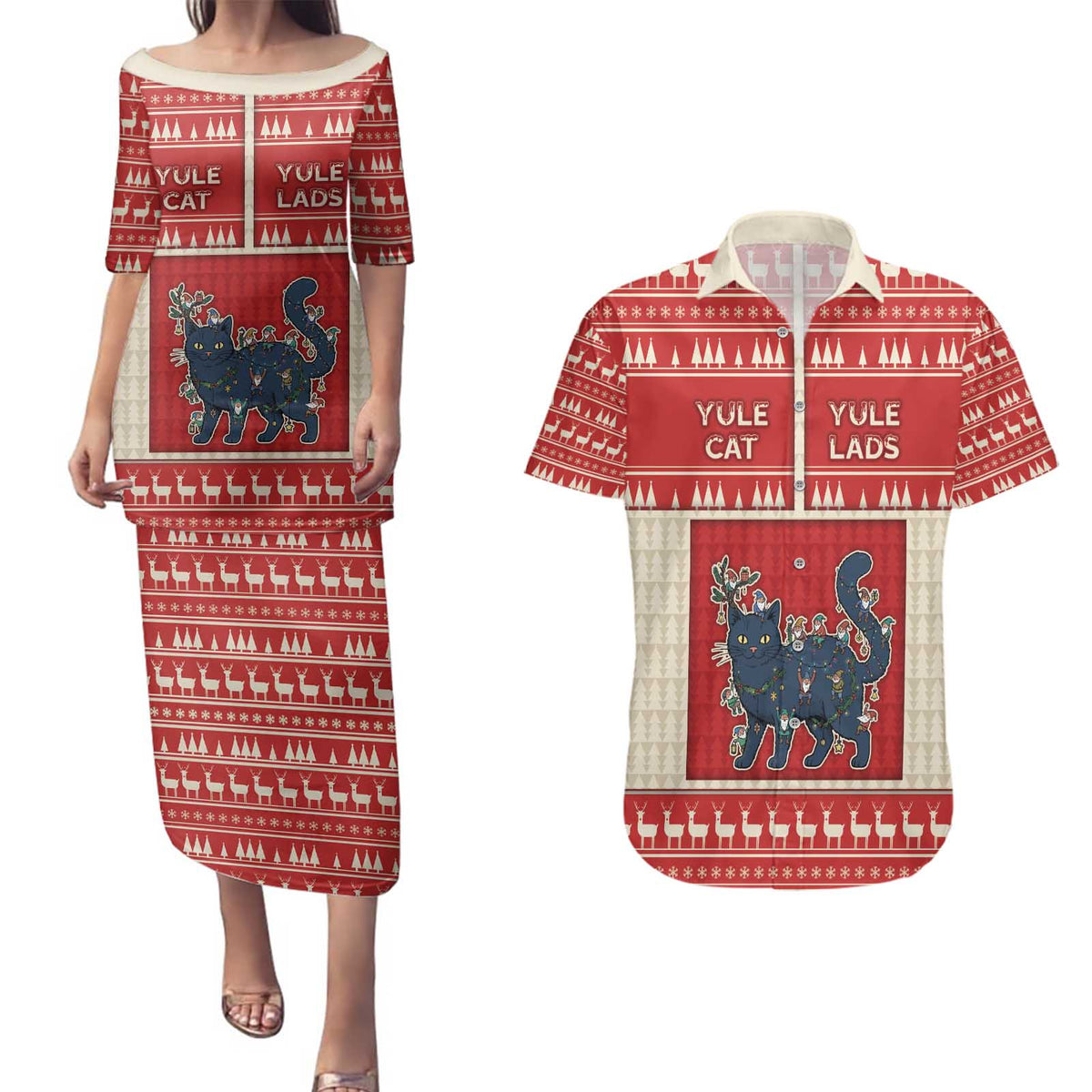 Yule Cat And Yule Lads Couples Matching Puletasi and Hawaiian Shirt Cute Retro Style - Wonder Print Shop