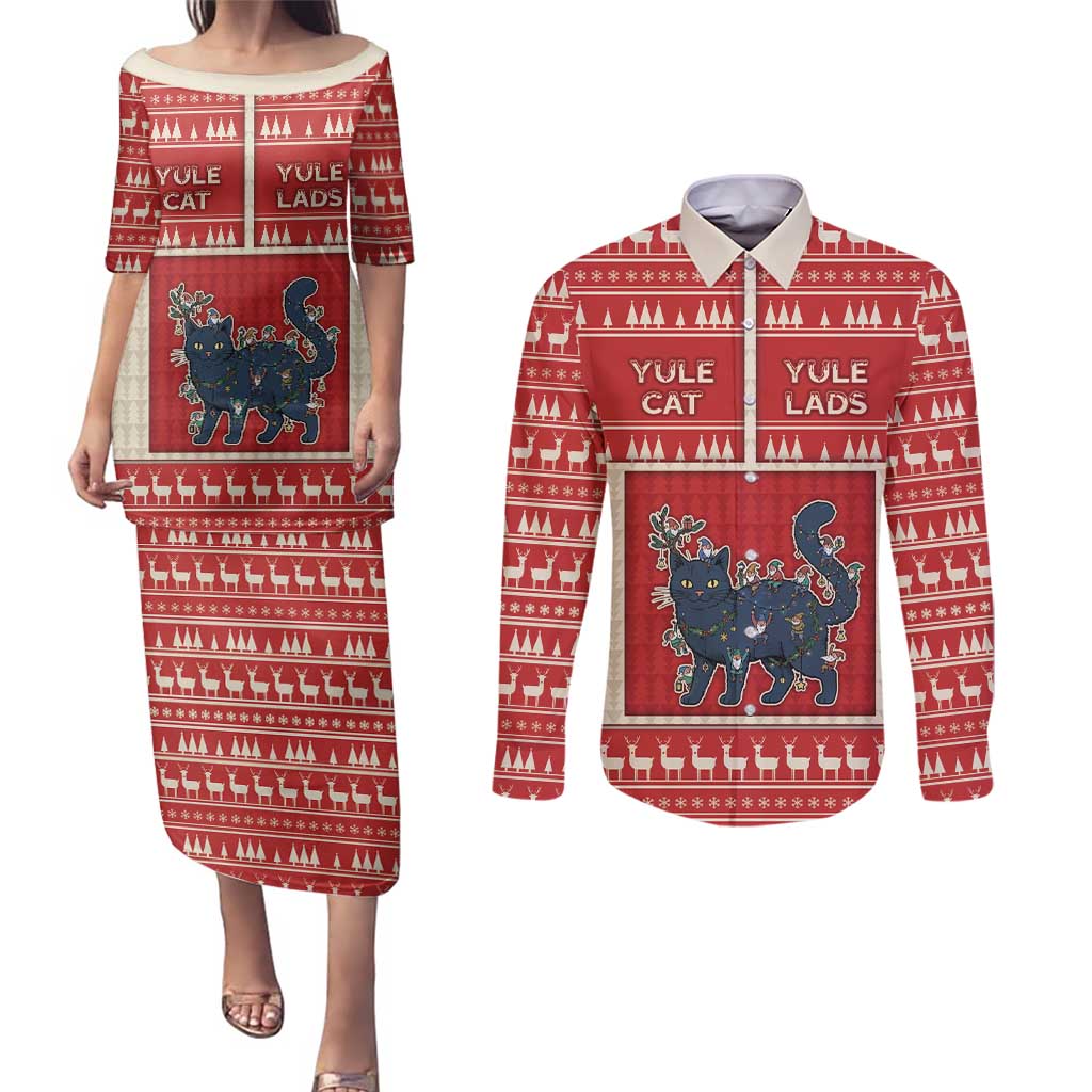 Yule Cat And Yule Lads Couples Matching Puletasi and Long Sleeve Button Shirt Cute Retro Style - Wonder Print Shop