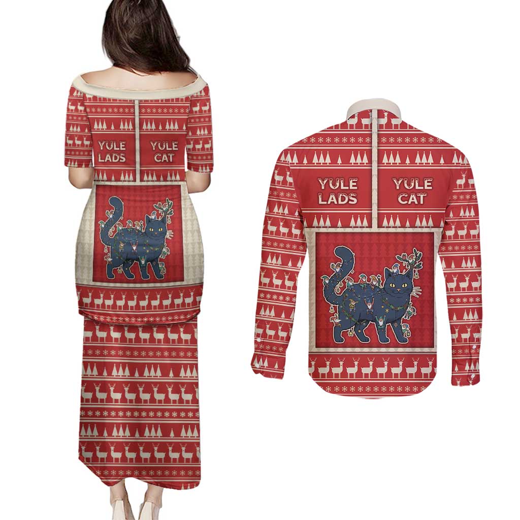 Yule Cat And Yule Lads Couples Matching Puletasi and Long Sleeve Button Shirt Cute Retro Style - Wonder Print Shop